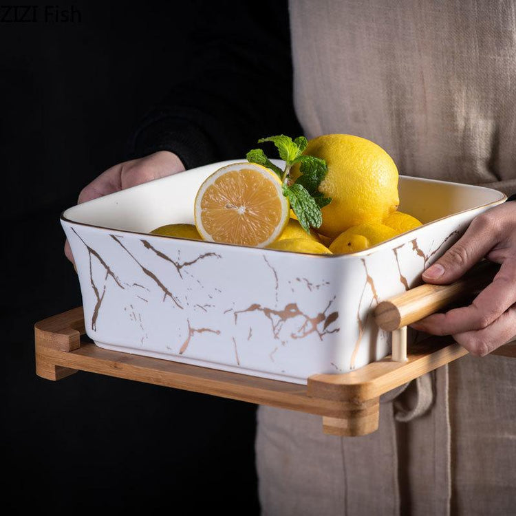 Large White Euro Serving Bowl with wooden base - Bowl