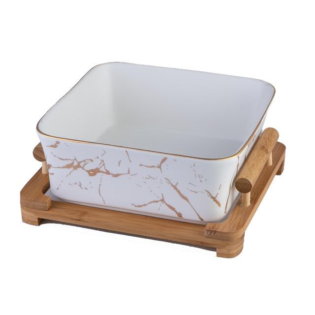 Large White Euro Serving Bowl with wooden base - Bowl