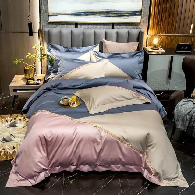 Luxury Pink White Egyptian Cotton Duvet Cover Set - Queen /