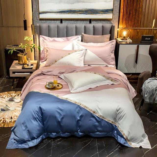Luxury Pink White Egyptian Cotton Duvet Cover Set - Queen /