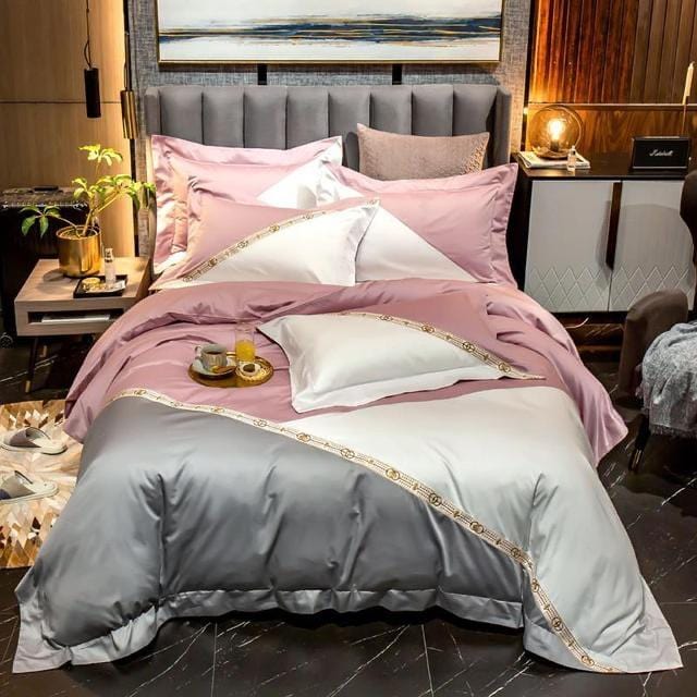 Luxury Pink White Egyptian Cotton Duvet Cover Set - Queen /