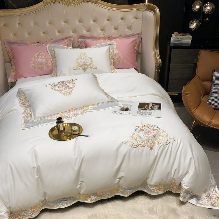 Luxury White & Pink Egyptian Cotton Duvet Cover Set - Duvet
