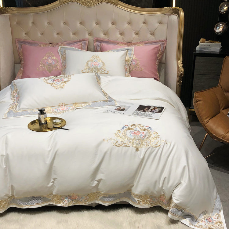 Luxury White & Pink Egyptian Cotton Duvet Cover Set - Duvet
