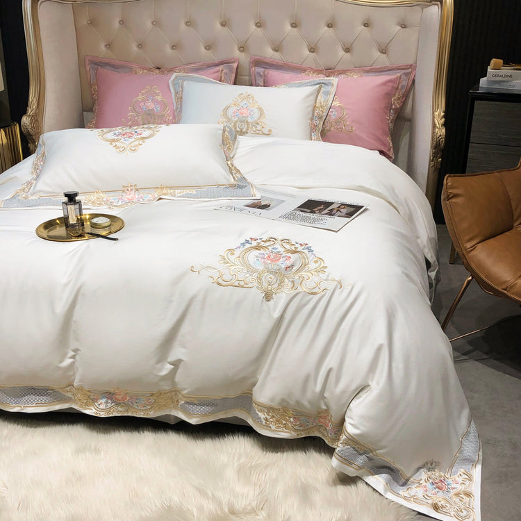 Luxury White & Pink Egyptian Cotton Duvet Cover Set - Duvet