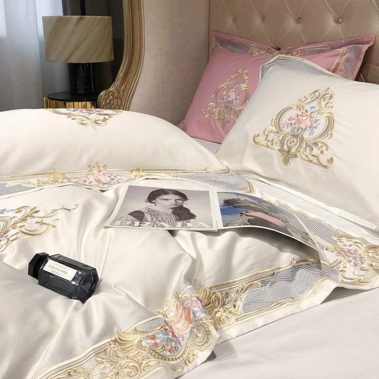 Luxury White & Pink Egyptian Cotton Duvet Cover Set - Duvet