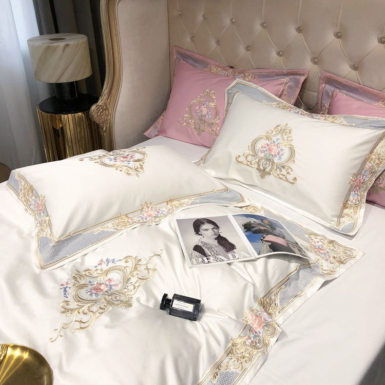 Luxury White & Pink Egyptian Cotton Duvet Cover Set - Duvet