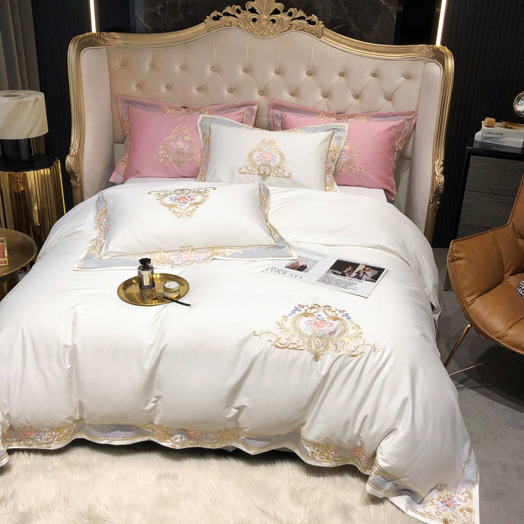 Luxury White & Pink Egyptian Cotton Duvet Cover Set - Duvet