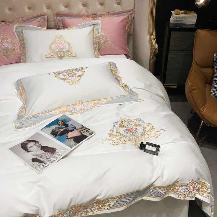 Luxury White & Pink Egyptian Cotton Duvet Cover Set - Duvet
