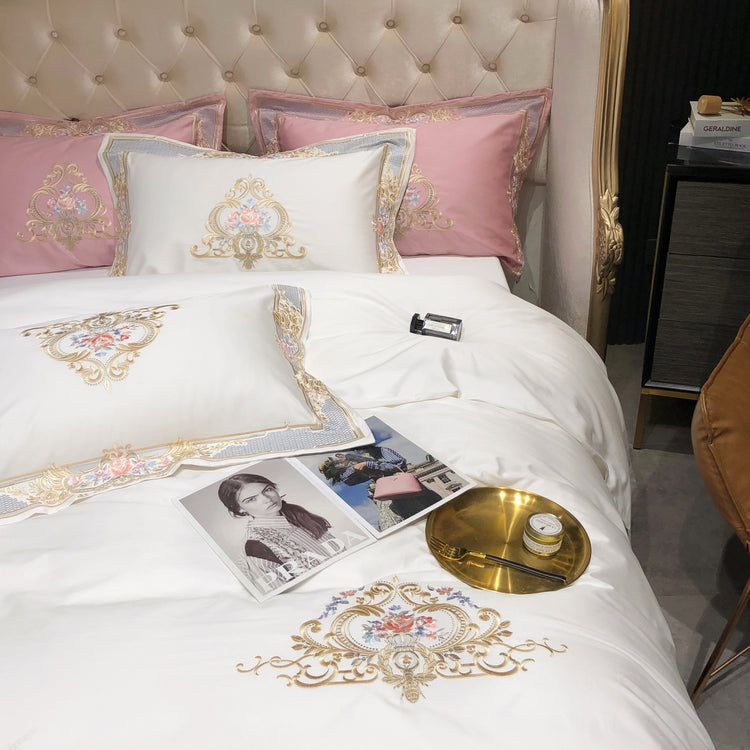 Luxury White & Pink Egyptian Cotton Duvet Cover Set - Duvet