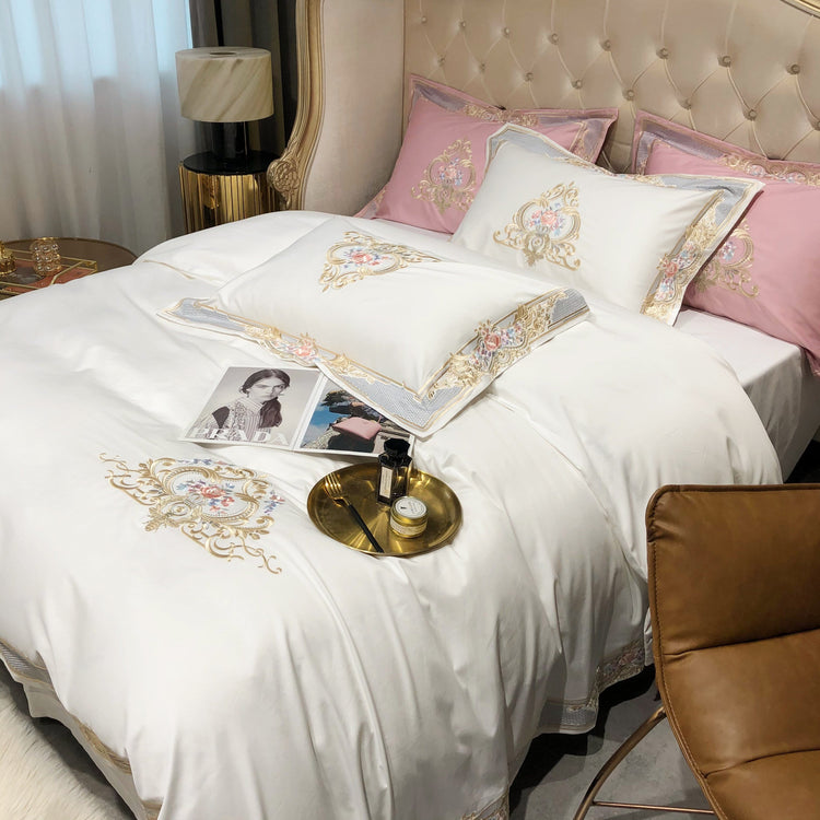 Luxury White & Pink Egyptian Cotton Duvet Cover Set - Duvet