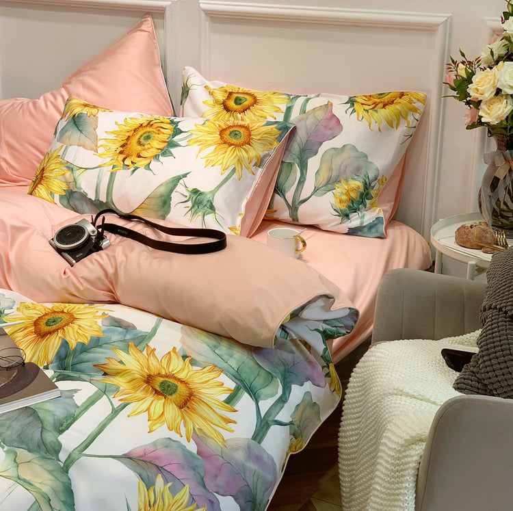Sunflower Print Egyptian Cotton Duvet Cover Set - Duvet