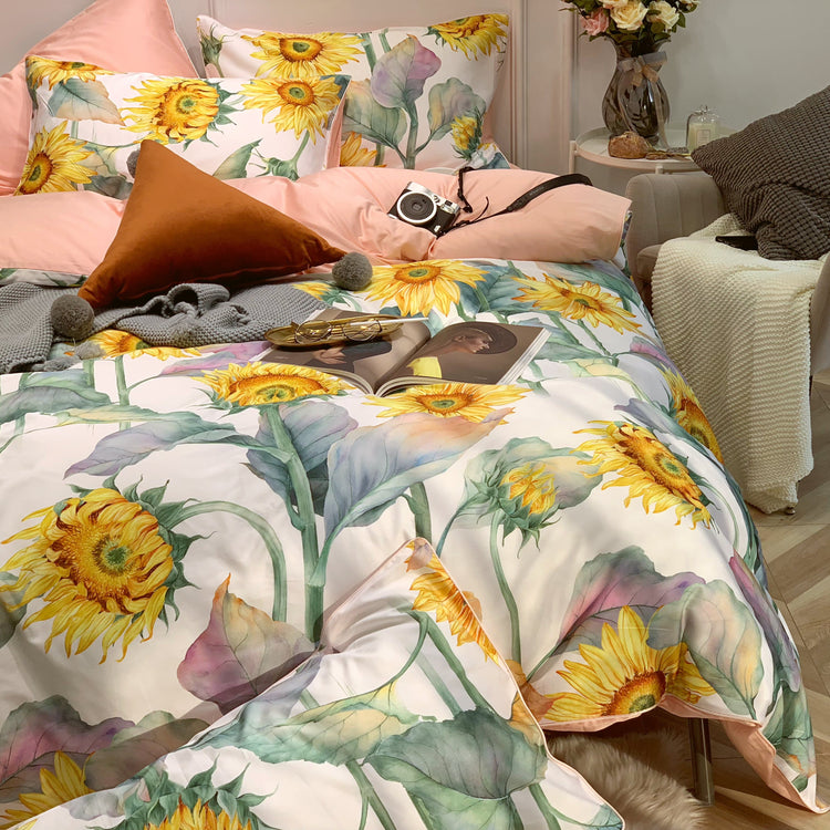 Sunflower Print Egyptian Cotton Duvet Cover Set - Duvet