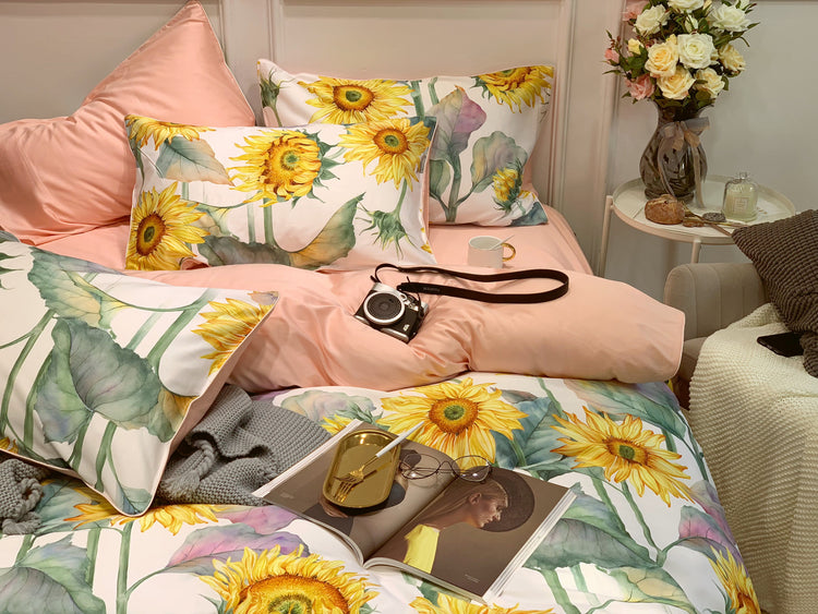 Sunflower Print Egyptian Cotton Duvet Cover Set - Duvet