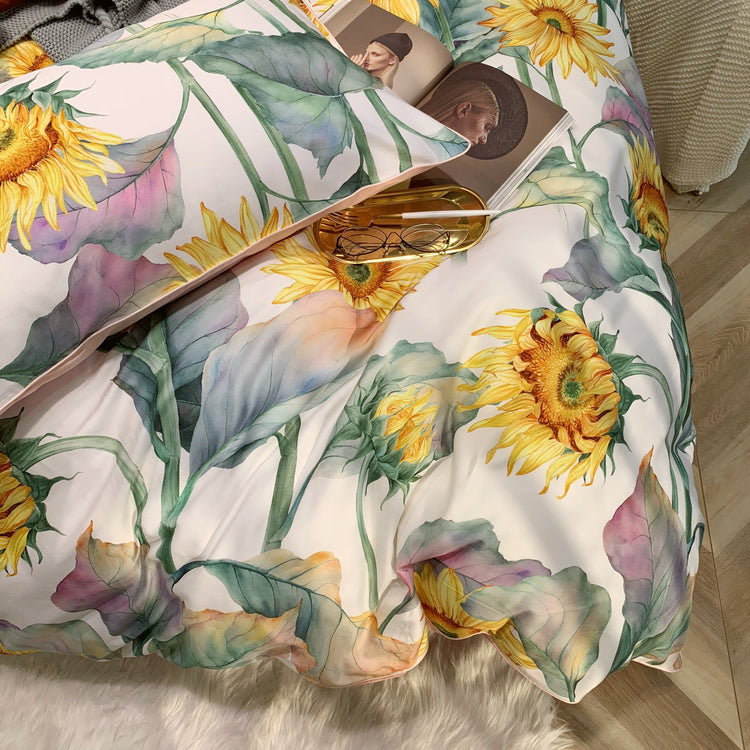 Sunflower Print Egyptian Cotton Duvet Cover Set - Duvet