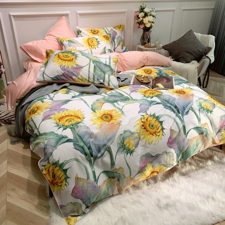 Sunflower Print Egyptian Cotton Duvet Cover Set - Duvet