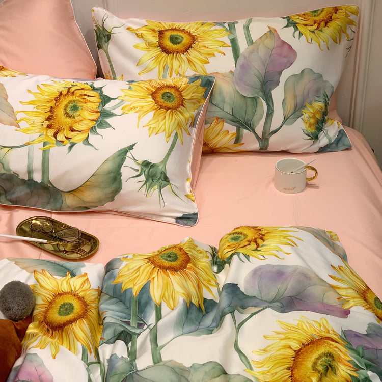 Sunflower Print Egyptian Cotton Duvet Cover Set - Duvet