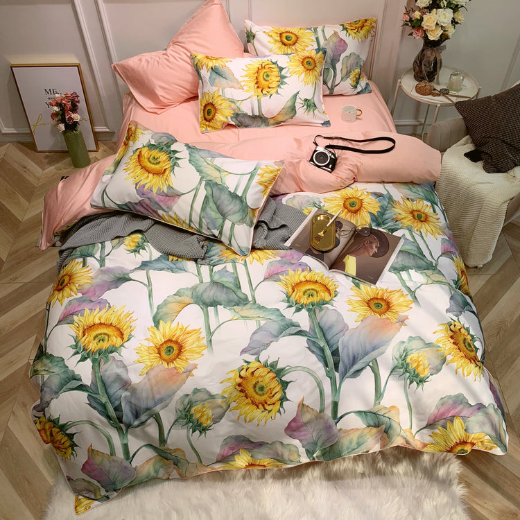 Sunflower Print Egyptian Cotton Duvet Cover Set - Duvet