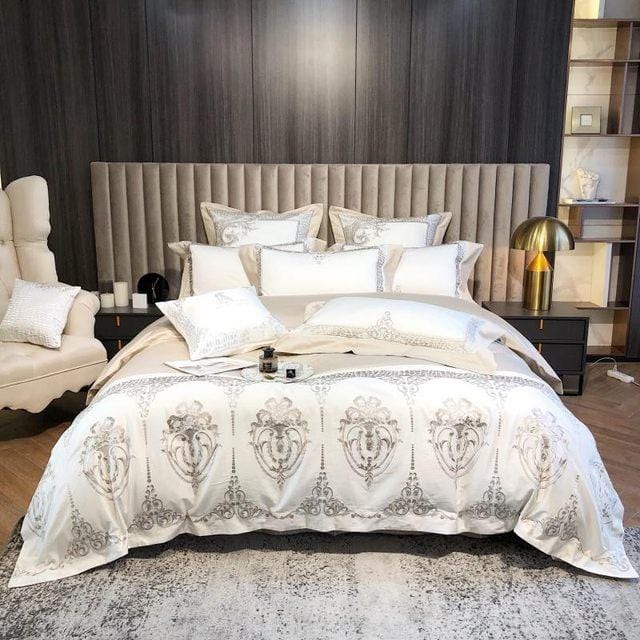 White Damask Design Egyptian Cotton Duvet Cover Set - Duvet