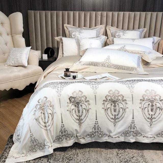 White Damask Design Egyptian Cotton Duvet Cover Set - Duvet