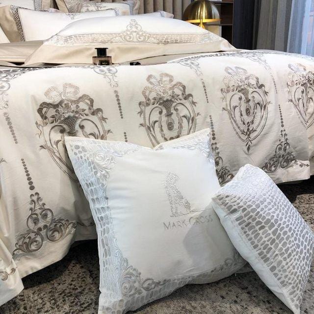 White Damask Design Egyptian Cotton Duvet Cover Set - Duvet