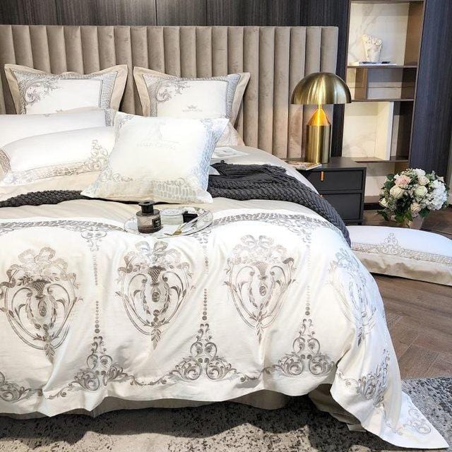 White Damask Design Egyptian Cotton Duvet Cover Set - Duvet