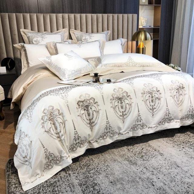 White Damask Design Egyptian Cotton Duvet Cover Set - Duvet