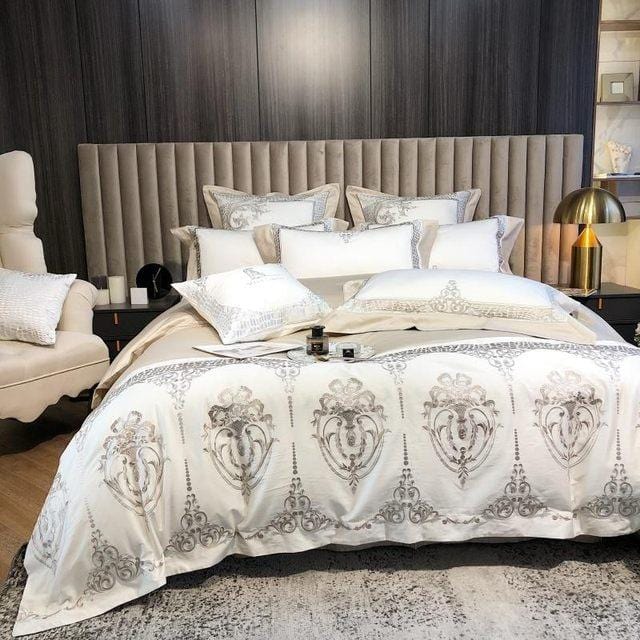 White Damask Design Egyptian Cotton Duvet Cover Set - Duvet