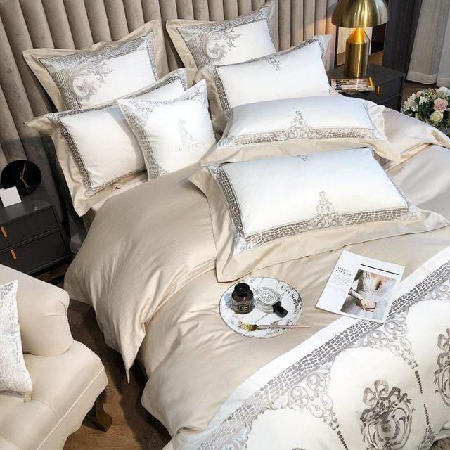 White Damask Design Egyptian Cotton Duvet Cover Set - Duvet