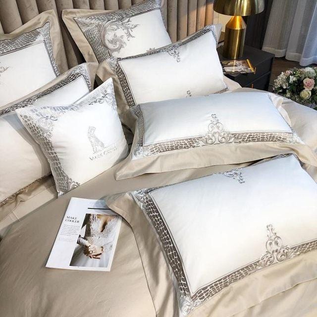 White Damask Design Egyptian Cotton Duvet Cover Set - Duvet
