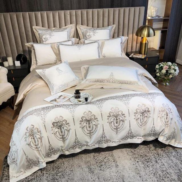White Damask Design Egyptian Cotton Duvet Cover Set - Duvet