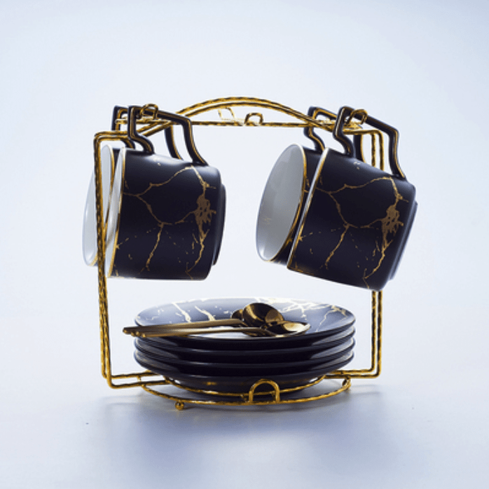 Abstract Gold Print Mug - Black / 4 Cup Set - Mug
