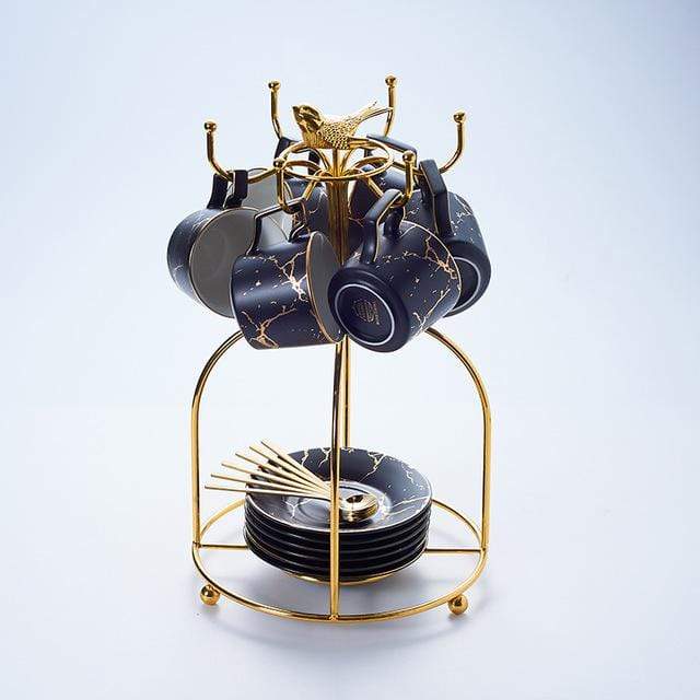 Abstract Gold Print Mug - Black / 6 Cup Bird Holder Set - 