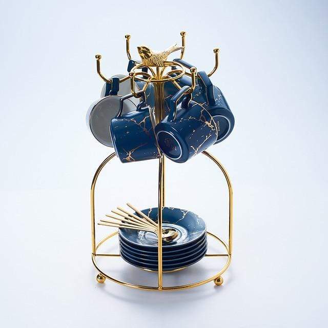Abstract Gold Print Mug - Blue / 6 Cup Bird Holder Set - Mug