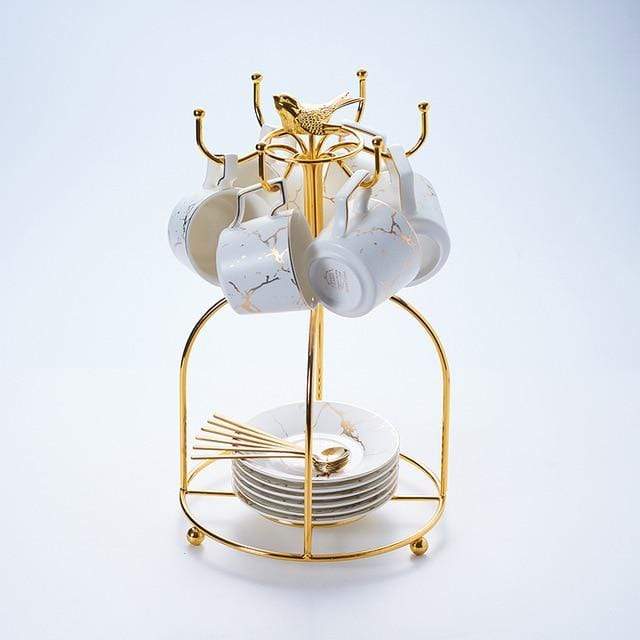 Abstract Gold Print Mug - White / 6 Cup Bird Holder Set - 