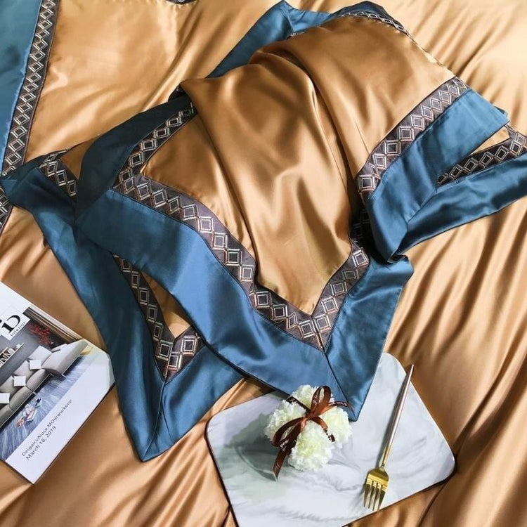 Blue Golden Smooth finish Egyptian Cotton Duvet Cover Set - 