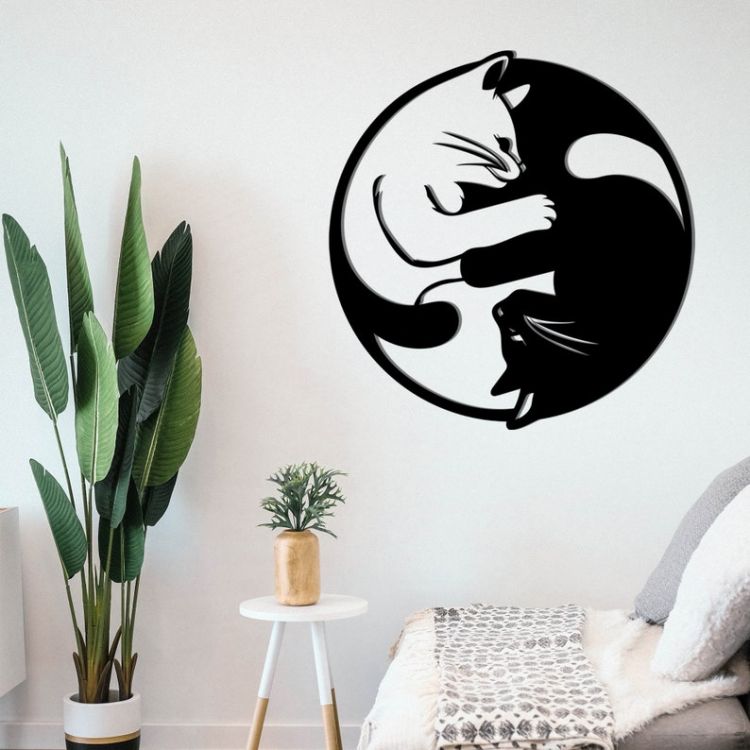 Cat Shaped Yin Yang Metal Wall Art - 55 X 56.6 CM - Metal 