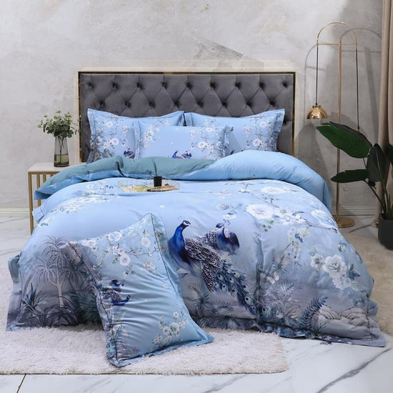 Chic Blue Peacock Print Egyptian Cotton Duvet Cover Set - 