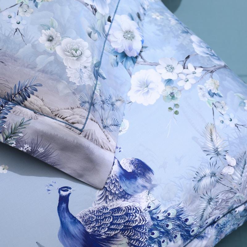 Chic Blue Peacock Print Egyptian Cotton Duvet Cover Set - 
