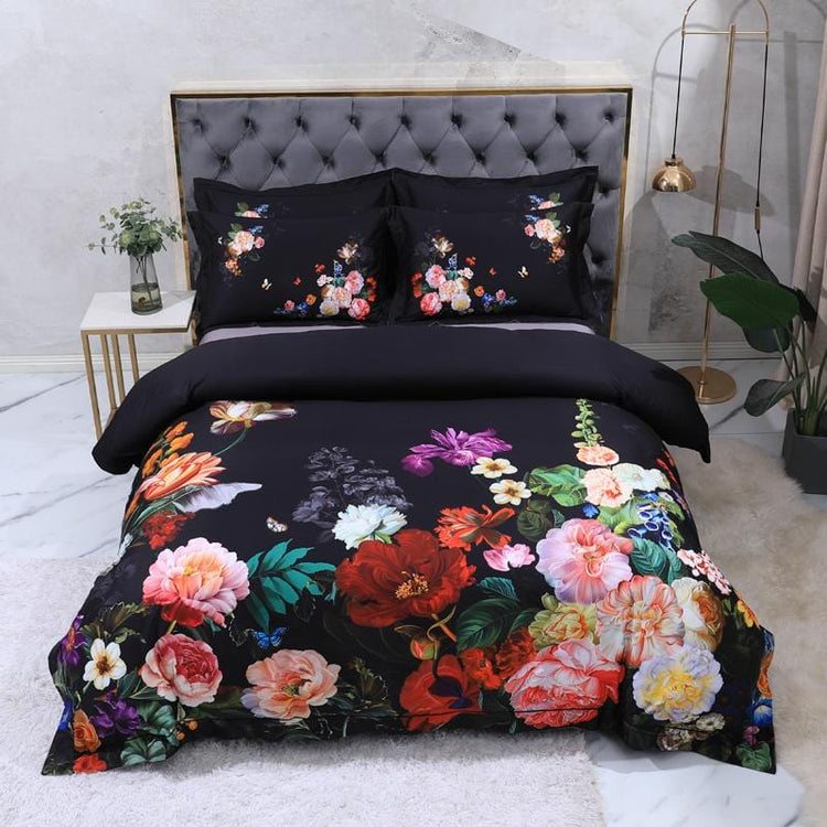 Dark Black Flora Egyptian Cotton Duvet Cover Set - Duvet 