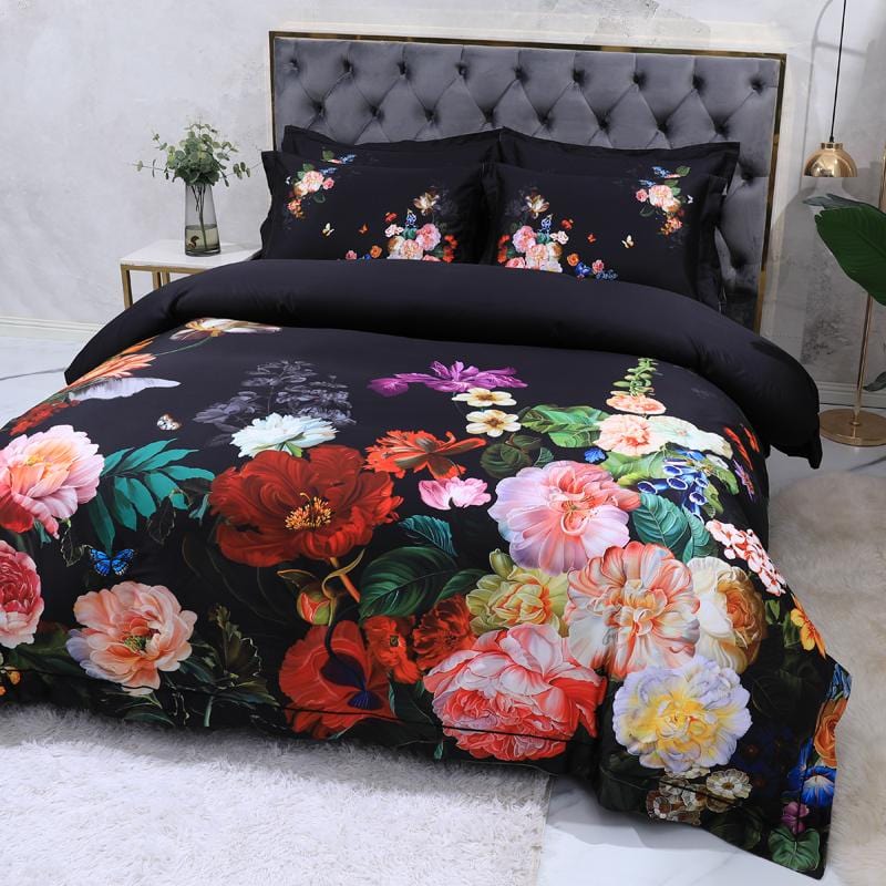 Dark Black Flora Egyptian Cotton Duvet Cover Set - Duvet 