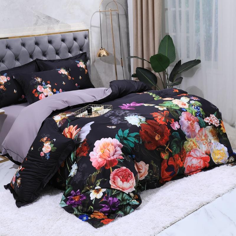 Dark Black Flora Egyptian Cotton Duvet Cover Set - Duvet 