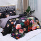 Dark Black Flora Egyptian Cotton Duvet Cover Set - Duvet 