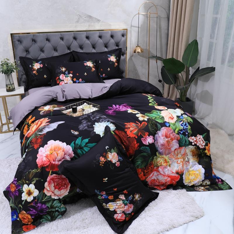 Dark Black Flora Egyptian Cotton Duvet Cover Set - Duvet 