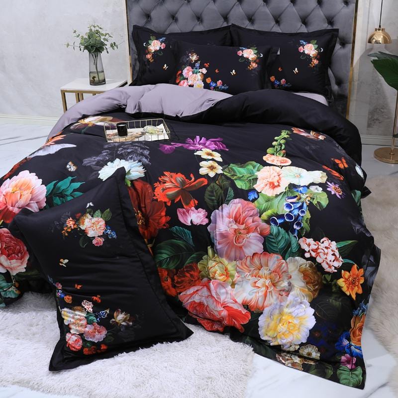 Dark Black Flora Egyptian Cotton Duvet Cover Set - Duvet 