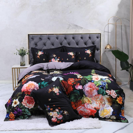 Dark Black Flora Egyptian Cotton Duvet Cover Set - Duvet 