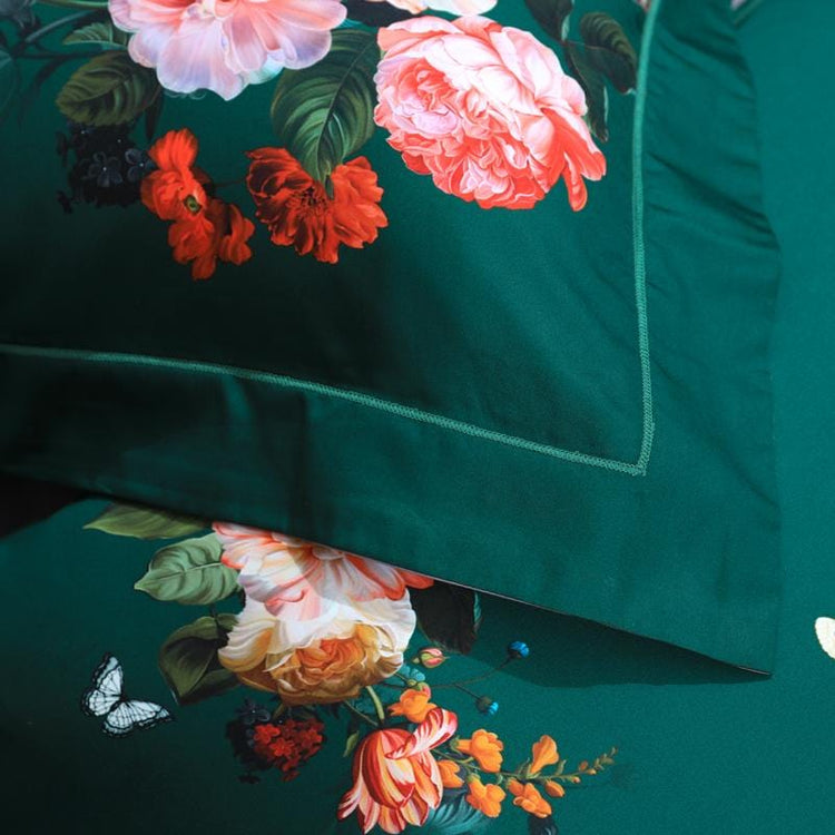 Dark Green Flora Egyptian Cotton Duvet Cover Set - Duvet 
