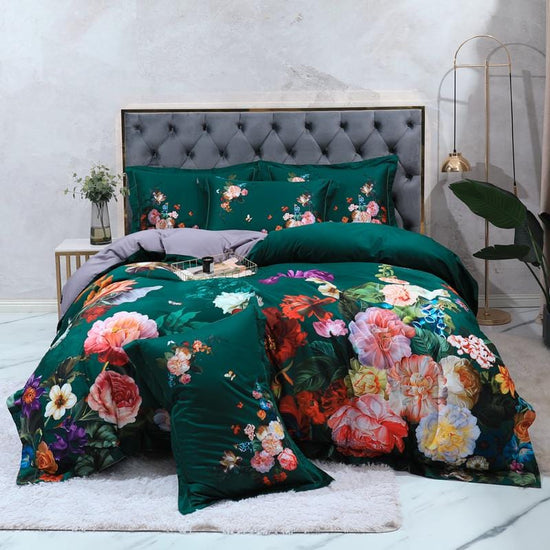 Dark Green Flora Egyptian Cotton Duvet Cover Set - Duvet 