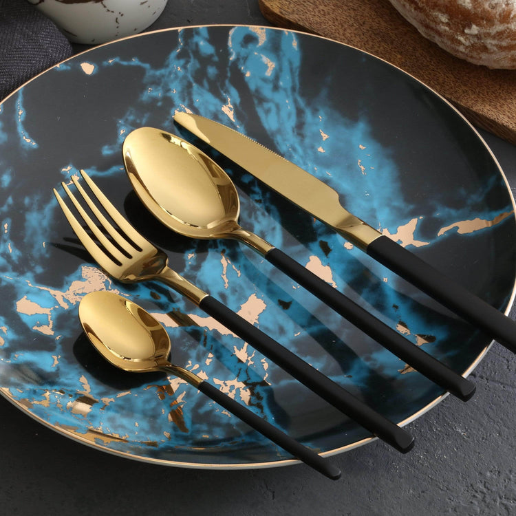 Dual Tone Gold Finish Cutlery Set - Black - Cutlery Set