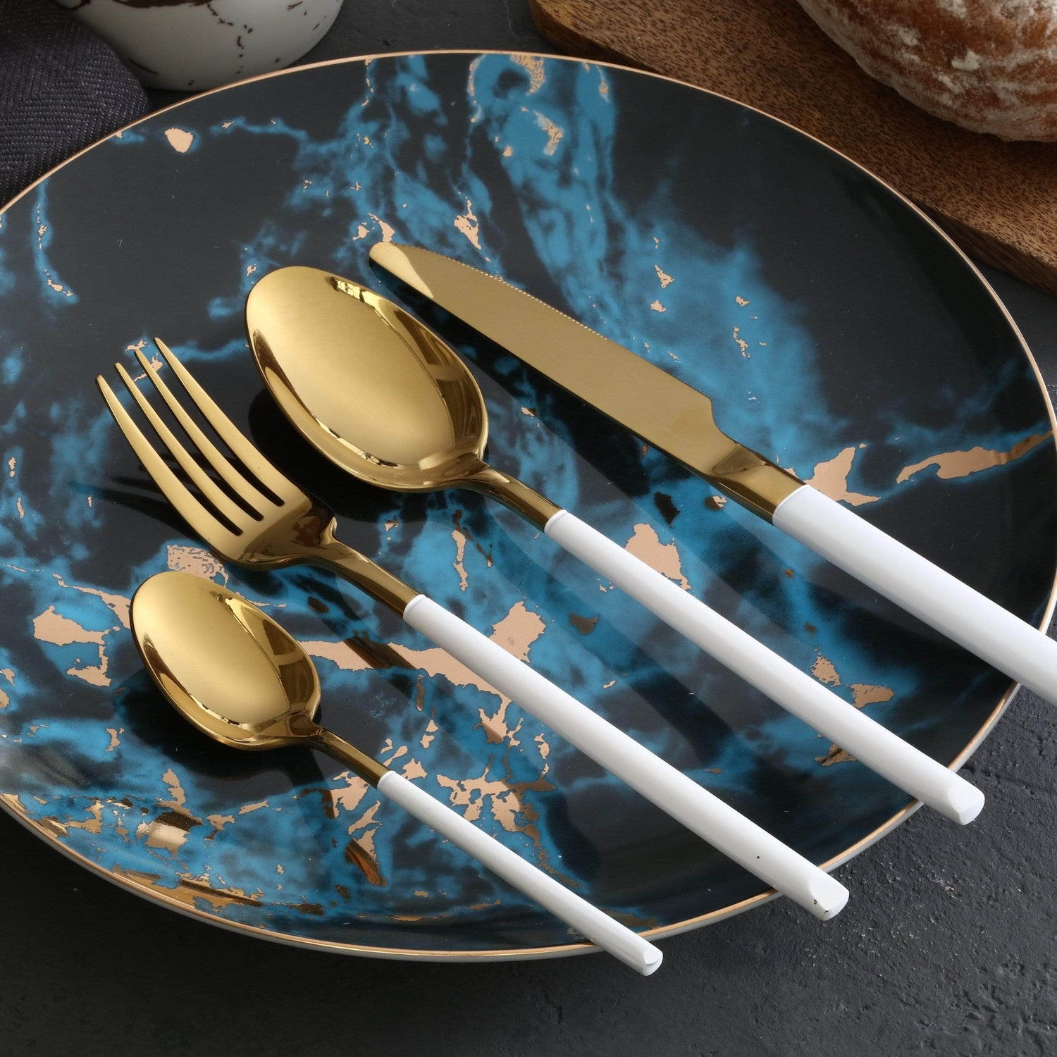 Dual Tone Gold Finish Cutlery Set - White - Cutlery Set
