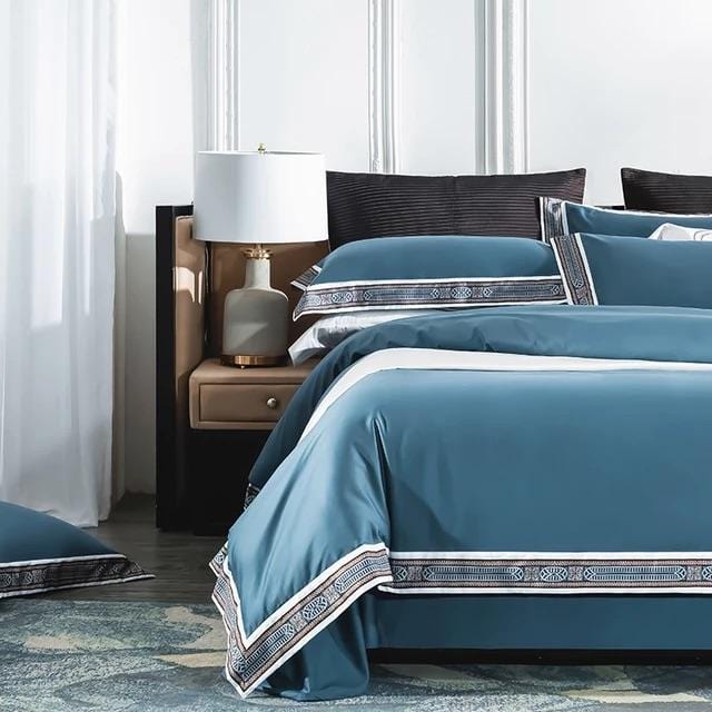 Elegant Blue Border Egyptian Cotton Duvet Cover Set - Duvet 